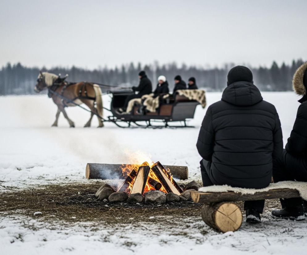 Na zaśnieżonym, rozległym terenie trzech ludzi siedzi na prowizorycznej ławce z bali drewna, okrytej białym futrem, zwróconych plecami do obserwatora. Przed nimi, na ziemi, pali się ognisko otoczone kamieniami, dając jasne, pomarańczowe płomienie i dym. W oddali, po lewej stronie, widać brązowego konia zaprzęgniętego do sanek, wiozących co najmniej cztery inne osoby, poruszające się po zaśnieżonym polu, z linią ciemnych drzew na horyzoncie pod jasnym, zachmurzonym niebem.