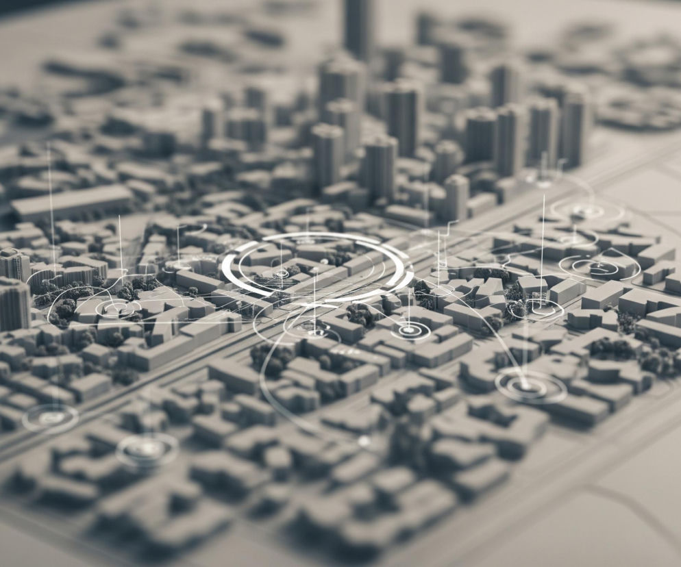 Model architektoniczny miasta, przedstawiający budynki, ulice i drzewa w odcieniach szarości, jest głównym elementem obrazu. Nad modelem unosi się cyfrowa siatka linii i okręgów z elementami interfejsu użytkownika, takimi jak białe okręgi z punktami, od których odchodzą linie do innych punktów na mapie. Centralny okrąg otacza grupę budynków, a jego linie rozchodzą się promieniście do innych części miasta, tworząc wrażenie połączonego systemu. Całość jest ostro zogniskowana w środku, z efektem płytkiej głębi ostrości rozmywającym tło i przedpole.