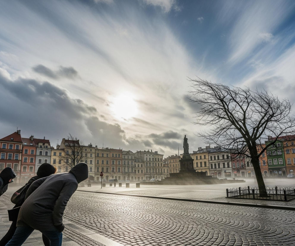 Scena przedstawia brukowany plac miejski z budynkami w tle i niebem z dramatycznymi chmurami. Po lewej stronie, na pierwszym planie, widoczne są fragmenty wysokiej, jasnej elewacji budynku z ozdobnymi gzymsami. Na pierwszym planie, w lewym dolnym rogu, grupa trzech osób ubranych w ciemne kurtki z kapturami pochyla się pod kątem, patrząc w prawo, z dwiema sylwetkami z tyłu i jedną wyraźniej widoczną z profilu. Na dalszym planie plac jest oświetlony jasnym, rozproszonym światłem, które tworzy refleksy na mokrej nawierzchni, a nad nim unosi się mgła lub para, zwłaszcza wokół pomnika na środku placu i po prawej stronie. Po prawej stronie placu stoi samotne, bezlistne drzewo, a za nim widać dwa postacie z parasolką, również pochylone, jakby walczyły z wiatrem lub deszczem. W tle widać szereg kamienic w różnych kolorach – od beżu, przez ochrę, do zieleni i czerwieni – z wieloma oknami, a nad nimi rozciąga się niebo z dynamicznymi, rozciągniętymi chmurami, przez które przebija się jasne słońce, tworząc promienistą poświatę.