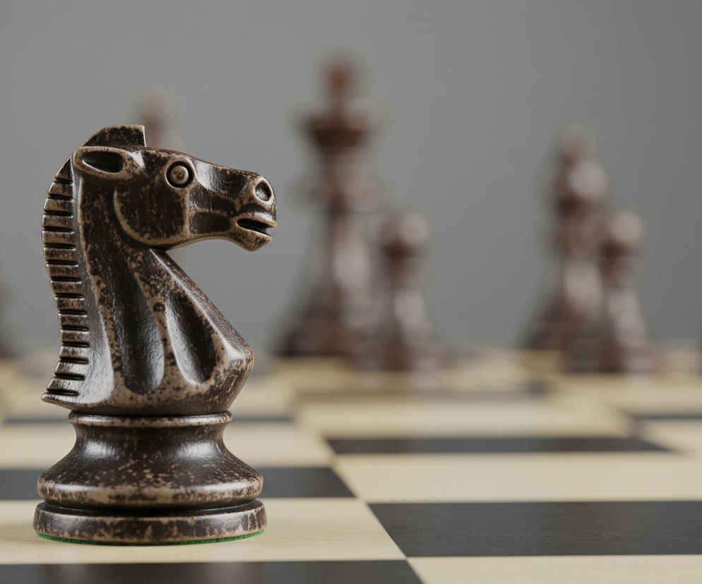 Na pierwszym planie, z lewej strony, stoi ciemnobrązowy skoczek szachowy z wyraźnie widocznymi detalami rzeźbienia imitującymi grzywę i kształt głowy konia; jego podstawę otacza cienki, zielony filc. Skoczek znajduje się na jasnym polu szachownicy, która ma naprzemiennie ułożone kwadraty w kolorach czarnym i jasnożółtym, tworząc wzór kraty. W tle, rozmyte, widoczne są inne ciemne figury szachowe, stojące na jasnych polach, a za nimi rozciąga się jednolita, szara ściana.