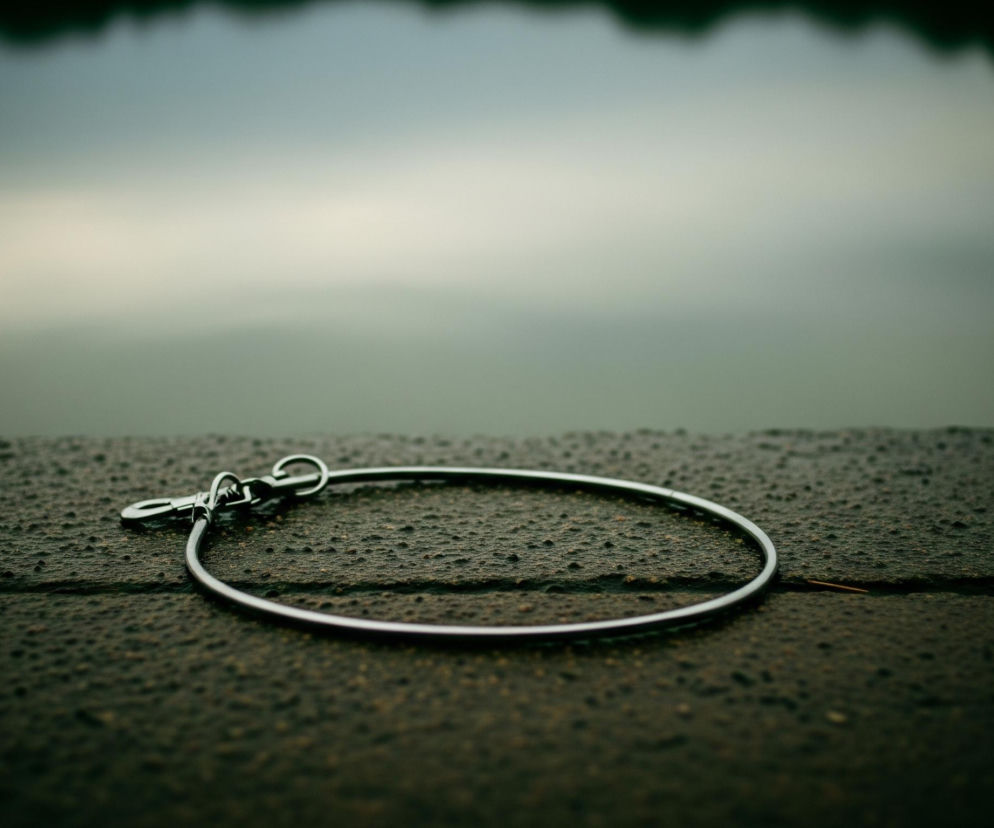 Na chropowatej, ciemnej powierzchni leży jasnosrebrny, okrągły przedmiot z karabińczykiem i mniejszym kółkiem w górnej części, skupiając na sobie światło. Powierzchnia, na której leży, jest strukturalna, przypominająca kamień lub chropowaty beton, z wyraźnym poziomym łączeniem pośrodku. W tle widać rozmyte, bladoniebiesko-szare odcienie, z ciemniejszym, niewyraźnym kształtem u góry, tworzące efekt odbicia lub horyzontu.