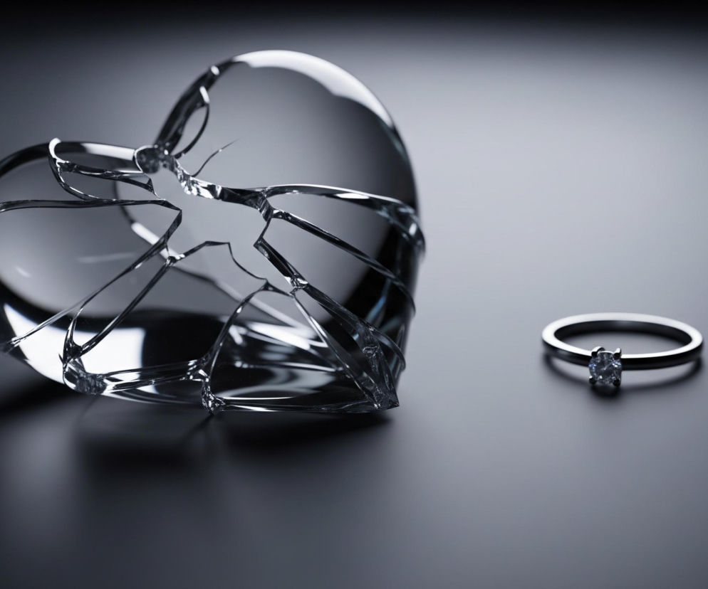 Po lewej stronie leży pęknięte szklane serce, roztrzaskane na wiele ostrych fragmentów połączonych ze sobą, tworząc efekt popękanej tafli. Jego błyszcząca, przezroczysta powierzchnia odbija światło, z ciemnymi cieniami pod spodem. Po prawej, nieco oddalone, znajduje się srebrny pierścionek z pojedynczym, błyszczącym kamieniem osadzonym w centralnej części. Tło jest gładkie i jednorodne, w ciemnych odcieniach szarości, z subtelnym gradientem przechodzącym od jaśniejszego do ciemniejszego w górnej części.