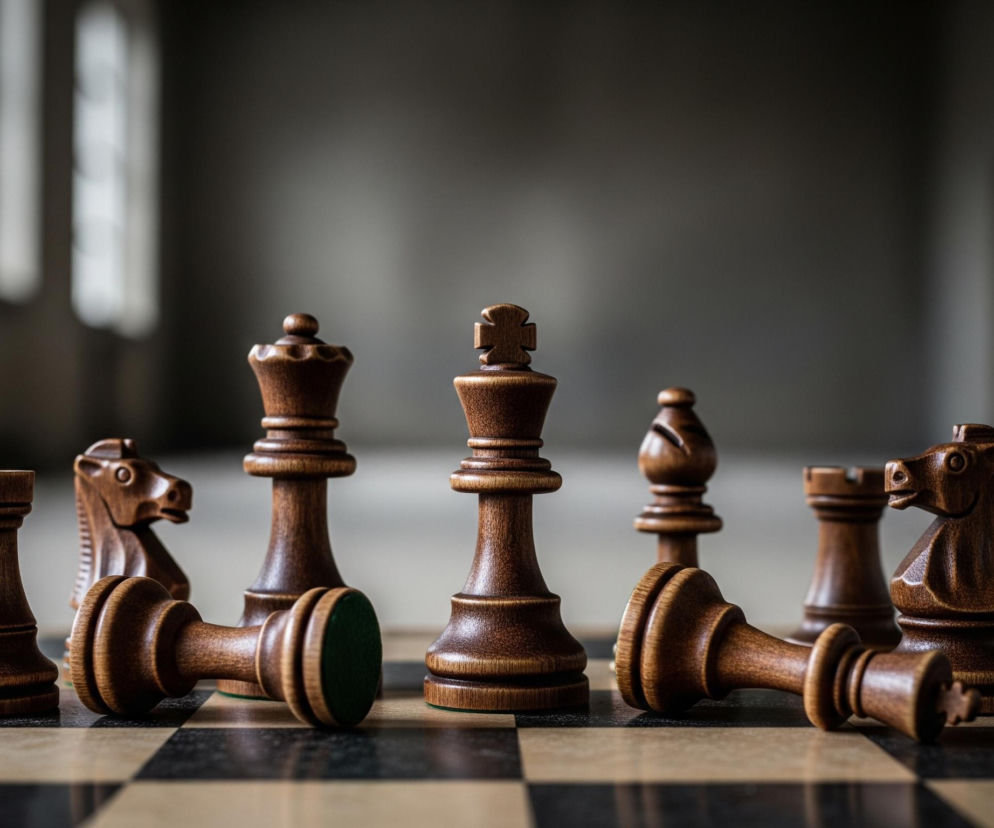 Ciemnobrązowy zestaw figur szachowych, rozrzucony na szachownicy z jasnych i ciemnych pól. Cztery figury, w tym król, królowa, wieża i skoczek, stoją prosto, natomiast dwa piony leżą przewrócone na planszy. Tło jest rozmyte, ale widać jasne, pionowe kształty, sugerujące okna, z lewej strony kadru oraz ogólną szarą ścianę.