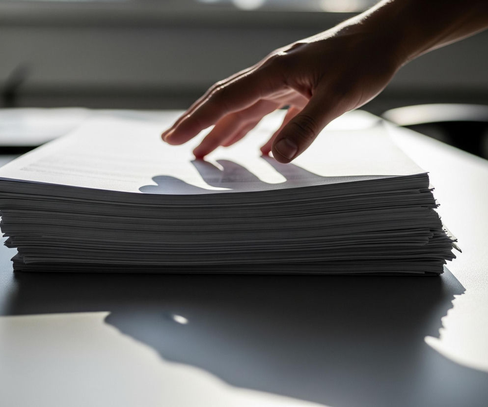 Duży stos białych kartek papieru leży na jasnoszarym blacie biurka. Nad stosem, w prawym górnym rogu obrazu, widoczna jest ciemna sylwetka dłoni z lekko zgiętymi palcami, rzucająca duży, rozmyty cień w kształcie dłoni na górną kartkę stosu. Światło padające z lewej strony tworzy wyraźne cienie na biurku, w tym długi, rozciągający się cień od stosu papieru oraz cień dłoni. W tle, niewyraźnie widoczne są elementy biurowe, takie jak segregatory.