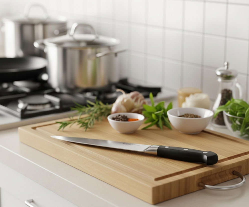 Na pierwszym planie, centralnie, leży duży nóż kuchenny z metalowym ostrzem i czarną rękojeścią na prostokątnej, drewnianej desce do krojenia. Deska ma wyżłobienia i metalowy uchwyt w dolnym prawym rogu. Za nożem i deską znajdują się różnorodne składniki i naczynia: po lewej gałązka rozmarynu, za nią ząbki czosnku, a po prawej świeże liście bazylii w szklanej misce. Na desce leżą także dwie małe białe miseczki z przyprawami – jedna z czarnym pieprzem, druga z czerwoną papryką.

W tle, po lewej stronie, widać część kuchenki gazowej z czarną patelnią i garnkami ze stali nierdzewnej. Ściana za blatem jest pokryta białymi, kwadratowymi płytkami. Po prawej stronie blatu stoi metalowy pojemnik z dziurkami, w którym znajdują się drewniane łyżki i metalowe trzepaczki, oraz szklany młynek do przypraw. Cała scena jest dobrze oświetlona, z miękkim światłem padającym z góry.