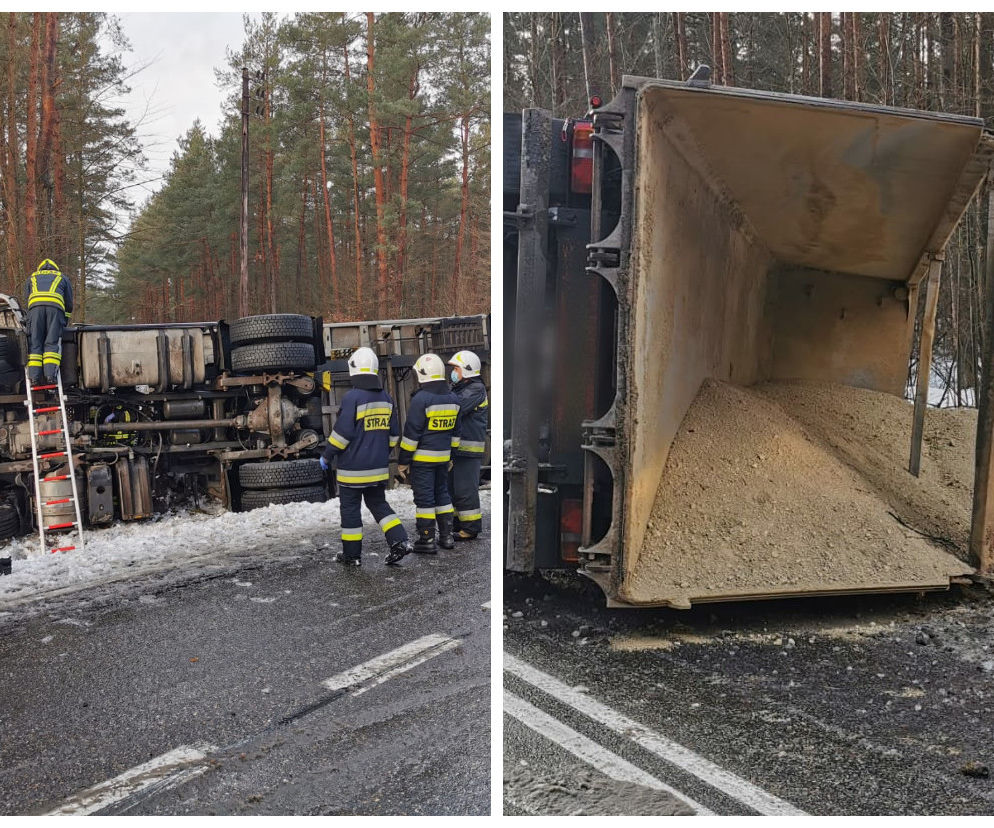 Uwaga na utrudnienia! Wypadek ciężarówki na DK 58. Ruch odbywa się wahadłowo [ZDJĘCIA]