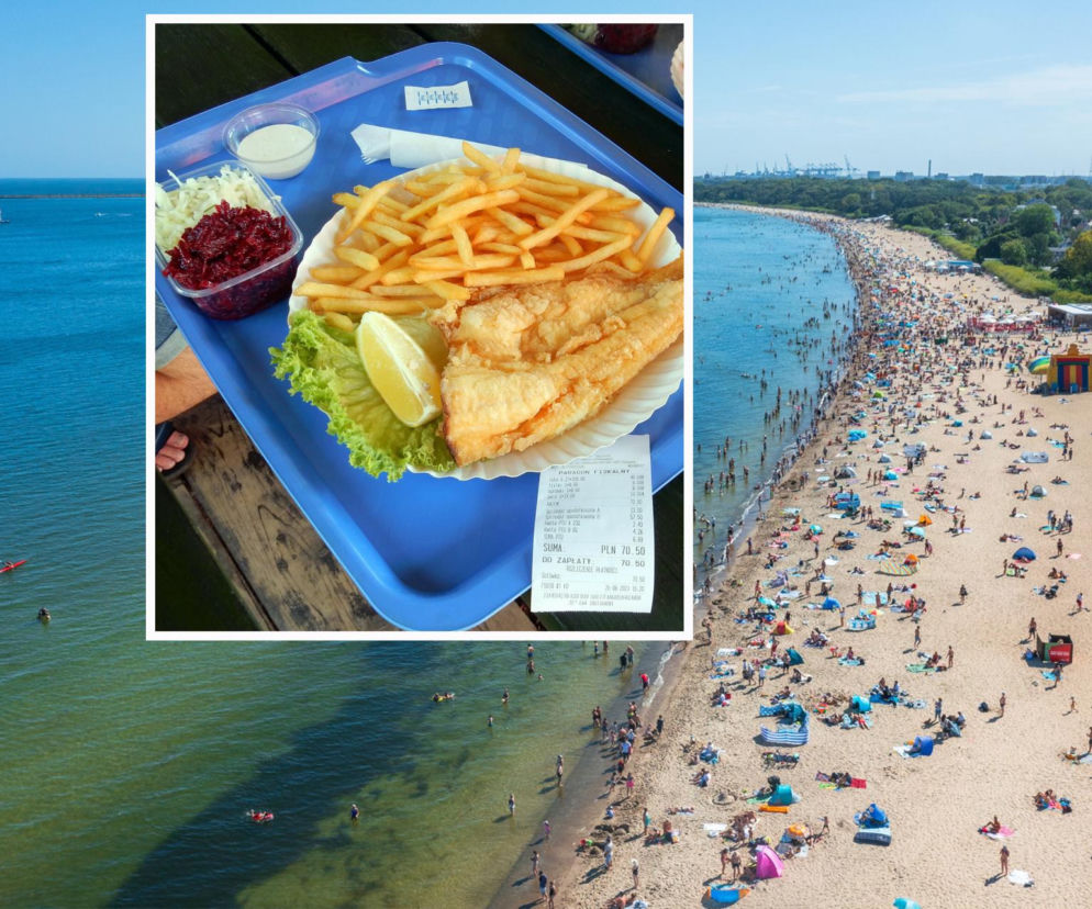 Zatłoczona plaża nad Bałtykiem. Na miniaturze obiad z rybą, frytkami i paragonem. O kontrolach przeczytasz na SE Superbiz.