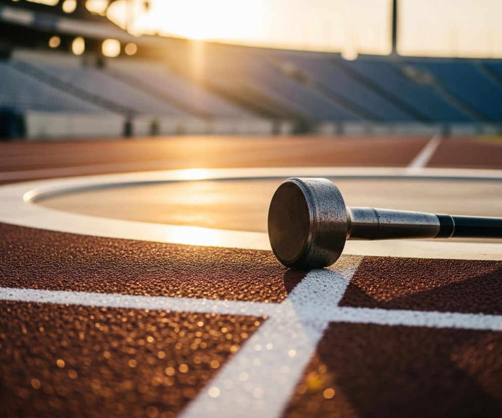 Młot lekkoatletyczny leży na brązowej bieżni, w dolnej centralnej części kadru. Składa się z ciemnoszarej, chropowatej kuli i czarnego, smukłego uchwytu. Bieżnia ma widoczną białą linię, zakrzywioną w lewo, tworzącą wycinek koła. W tle widoczne są puste, niebieskie trybuny stadionu lekkoatletycznego, a nad nimi rozpościera się jasne, złote światło zachodzącego słońca, tworząc refleksy na powierzchni bieżni.