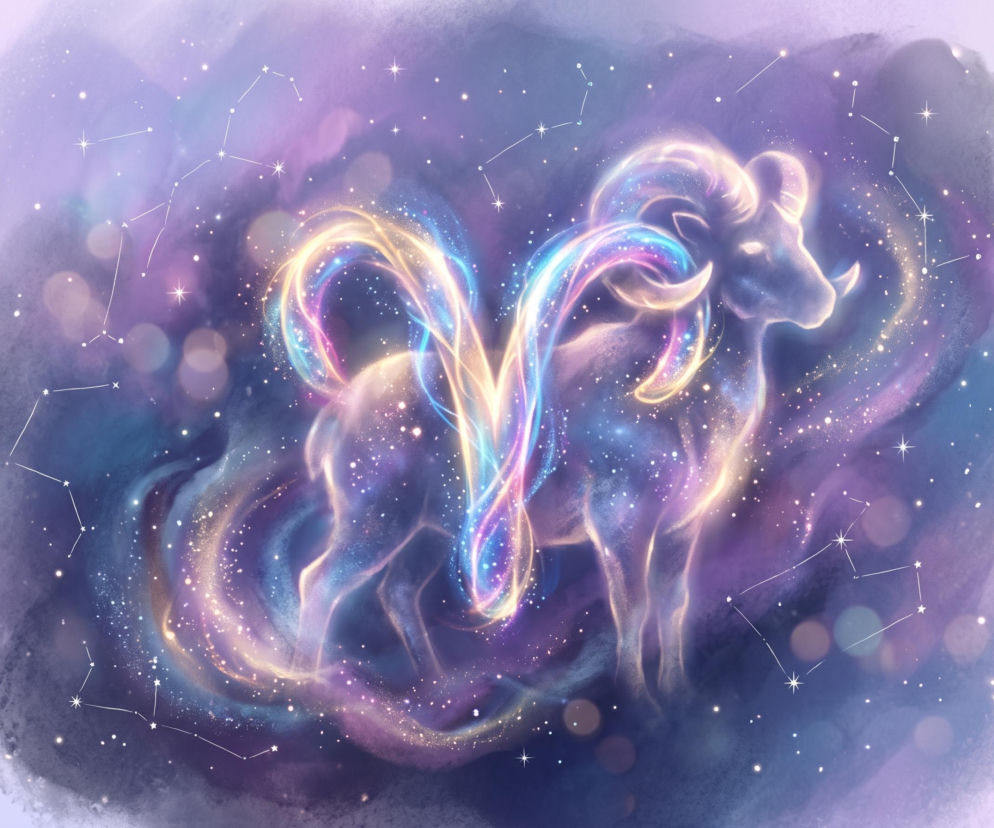 Świecący symbol zodiakalnego Barana na tle gwieździstego kosmosu. O horoskopie dla Barana przeczytasz w serwisie Eska.