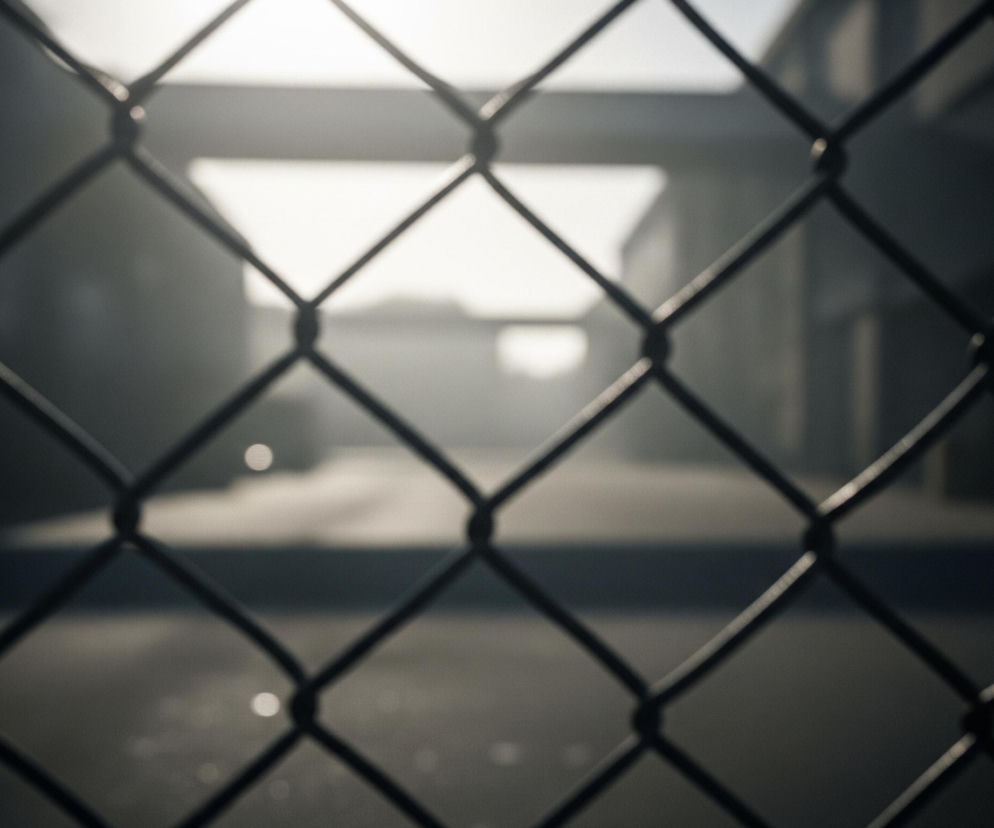Pierwszy plan wypełnia metalowa siatka ogrodzeniowa, składająca się z połączonych ze sobą romboidalnych oczek. Siatka jest wyraźnie widoczna i ostra, ukazując swoją ciemną, matową powierzchnię z drobnymi, jasnymi refleksami na skrzyżowaniach drutów. Za siatką znajduje się rozmyte tło, przedstawiające prawdopodobnie otoczenie miejskie lub przemysłowe z zarysem budynków i jasnym, rozświetlonym niebem w górnej części. Dominują odcienie szarości i ciemnego błękitu, z kontrastującą, jasną plamą światła w centralnej części tła, tworzącą efekt głębi i perspektywy.