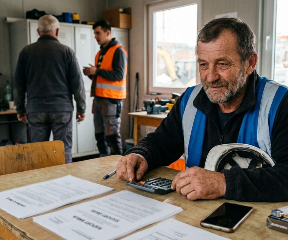 Mężczyzna w średnim wieku, w kamizelce odblaskowej, siedzi przy biurku z dokumentami, kalkulatorem i telefonem. W tle widać dwóch innych pracowników i okno z widokiem na plac budowy. Zdjęcie ilustruje temat rekordowych składek na ZUS, o czym możesz przeczytać na Super Biznes.