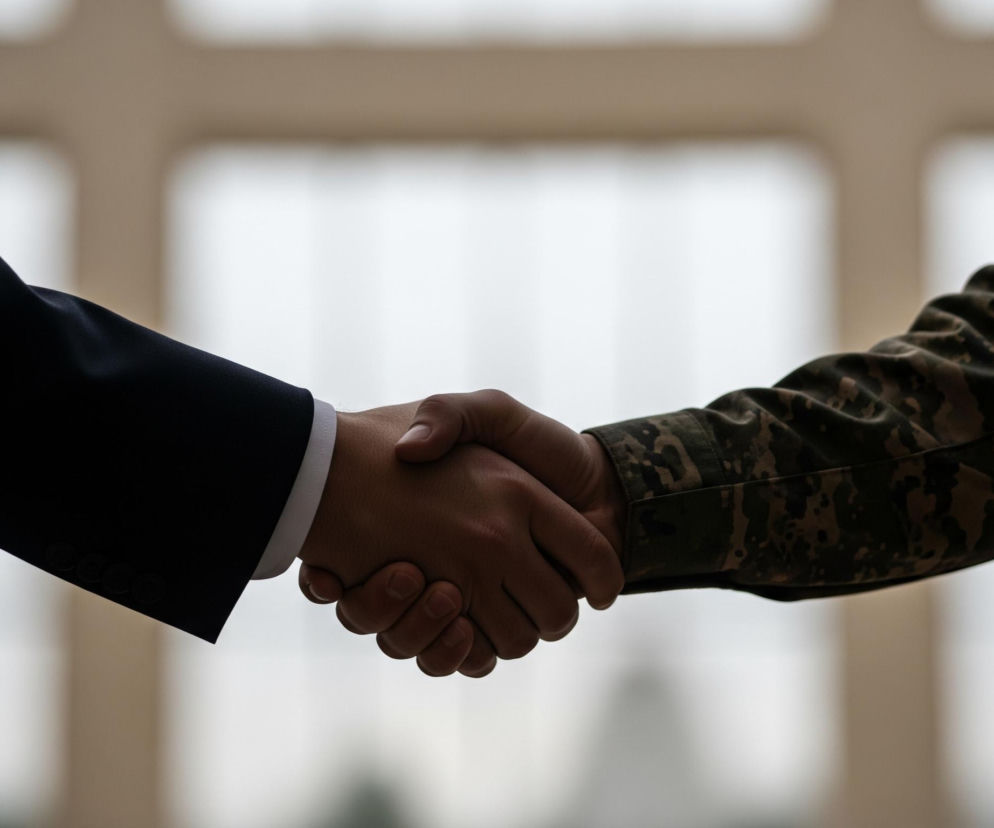 Uścisk dłoni dwóch osób, przedstawiony w ujęciu z bliska na poziomie klatki piersiowej. Lewa dłoń należy do osoby ubranej w ciemny garnitur z białą koszulą wystającą z mankietu. Prawa dłoń należy do osoby ubranej w strój moro w odcieniach zieleni, brązu i beżu. Tło jest rozmyte, ale sugeruje wnętrze pomieszczenia z oknami w jasnych kolorach, gdzie jaśniejsze obszary przeplatają się z ciemniejszymi obrysami ram.