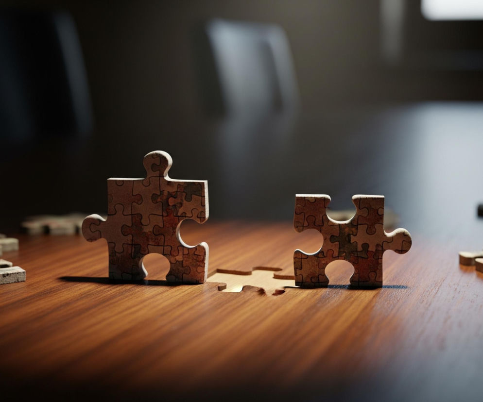 Dwa pionowo ustawione kawałki puzzli stoją na drewnianym stole, w centrum kadru. Lewy kawałek jest większy i ma na powierzchni mozaikę mniejszych, ciemniejszych elementów, tak jak prawy, mniejszy fragment. Pomiędzy nimi leży płasko na stole inny kawałek puzzli, idealnie pasujący do prawego elementu. Tło jest ciemne i rozmyte, z widocznymi, niewyraźnymi zarysami krzeseł i źródła światła na górze. Blask światła podkreśla teksturę drewna stołu i krawędzie puzzli.