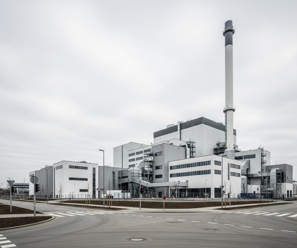 Centralną część obrazu zajmuje rozległy kompleks budynków przemysłowych, głównie w odcieniach bieli i szarości, zdominowany przez wysoki, smukły komin. Budynki charakteryzują się prostymi, geometrycznymi kształtami oraz licznymi oknami o ciemnych ramach, a także widocznymi elementami konstrukcyjnymi i rurami, które biegną po zewnętrznych ścianach. Przed kompleksem znajduje się skrzyżowanie dróg asfaltowych z wyraźnie namalowanymi białymi liniami, w tym przejściami dla pieszych, oraz chodniki wyłożone kostką brukową. Wzdłuż dróg i chodników rozmieszczone są słupy z latarniami, znaki drogowe oraz młode drzewka i krzewy posadzone na obszarach pokrytych ciemną ziemią. Całość znajduje się pod jasnym, zachmurzonym niebem o jednolitym, szarym kolorze.
