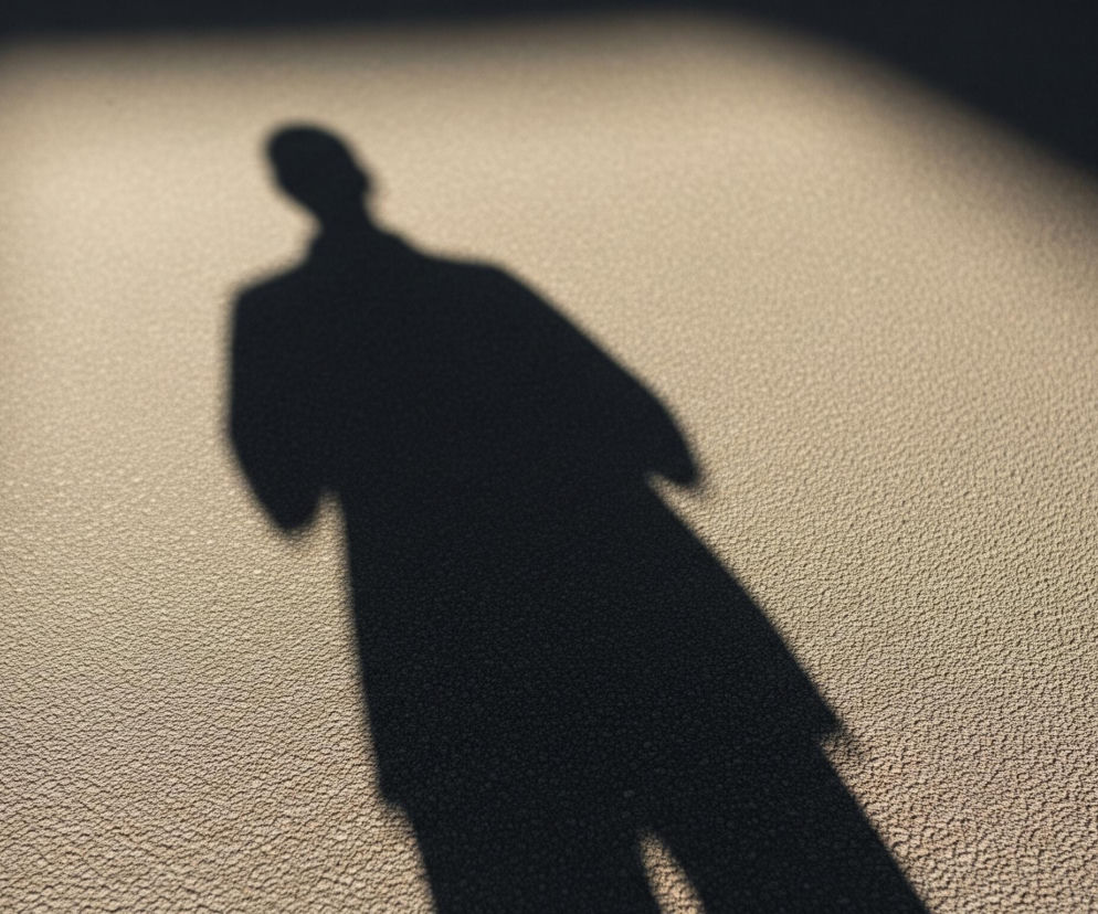 Na pierwszym planie widoczny jest ciemny cień postaci człowieka, padający na ziarnistą, jasnobrązową powierzchnię. Postać wydaje się stać przodem do widza, z lekko pochyloną głową i dłońmi blisko tułowia. Górna część cienia głowy i ramion jest oświetlona, podczas gdy reszta cienia jest w ciemności. Światło pada z lewego górnego rogu obrazu, tworząc wyraźny kontrast między oświetlonym obszarem a ciemniejszymi partiami tła.