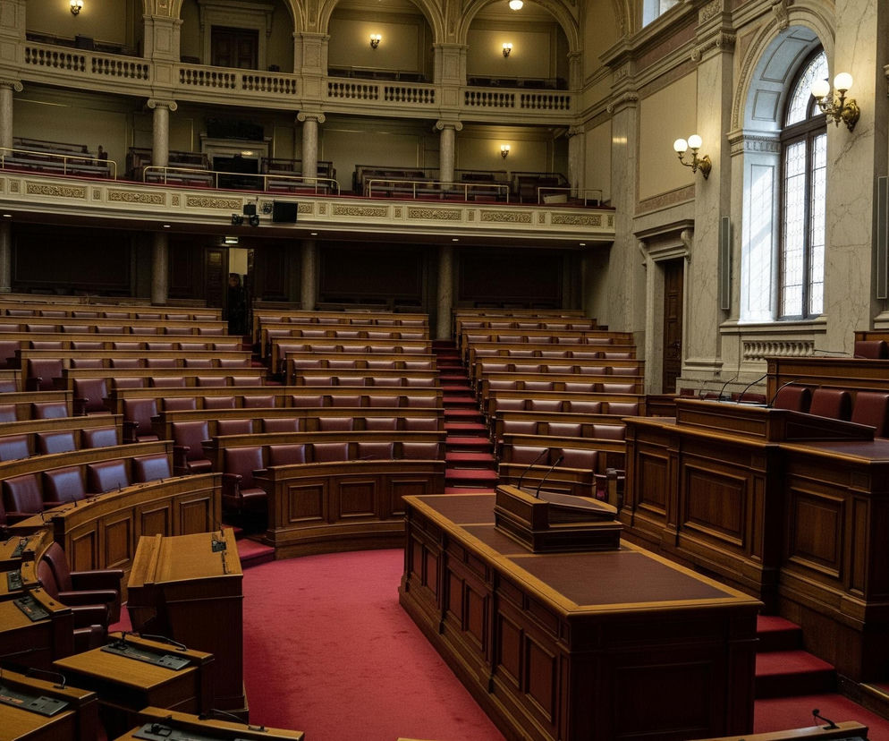 Wnętrze dużej sali o klasycznej architekturze, zapełnionej rzędami krzeseł, dominują odcienie czerwieni i brązu. Na pierwszym planie widoczne są drewniane pulpity z mikrofonami i notatnikami, ustawione na tle czerwonej wykładziny, która pokrywa podłogę i schody prowadzące do wyżej położonych rzędów skórzanych foteli w kolorze bordo. Prawa strona sali zawiera podium i stoły prezydialne, również wykonane z ciemnego drewna, a za nimi rozciąga się ściana z wysokimi, łukowatymi oknami, przez które wpada dzienne światło. Górne poziomy sali obejmują balkony z balustradami z kolumnami i ozdobnymi detalami w kolorze kości słoniowej, rozświetlone przez pojedyncze lampy ścienne.