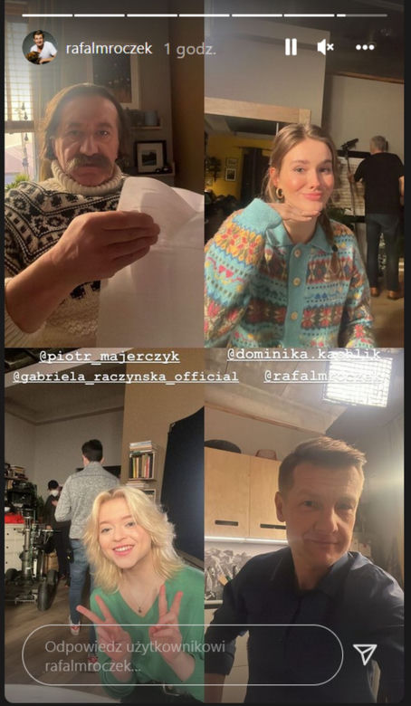 M jak miłość na planie. Paweł  (Rafał Mroczek), Franka (Dominika Kachlik), Basia (Gabriela Raczyńska), stryj Jędrzej Gutowski (Piotr Majerczyk)