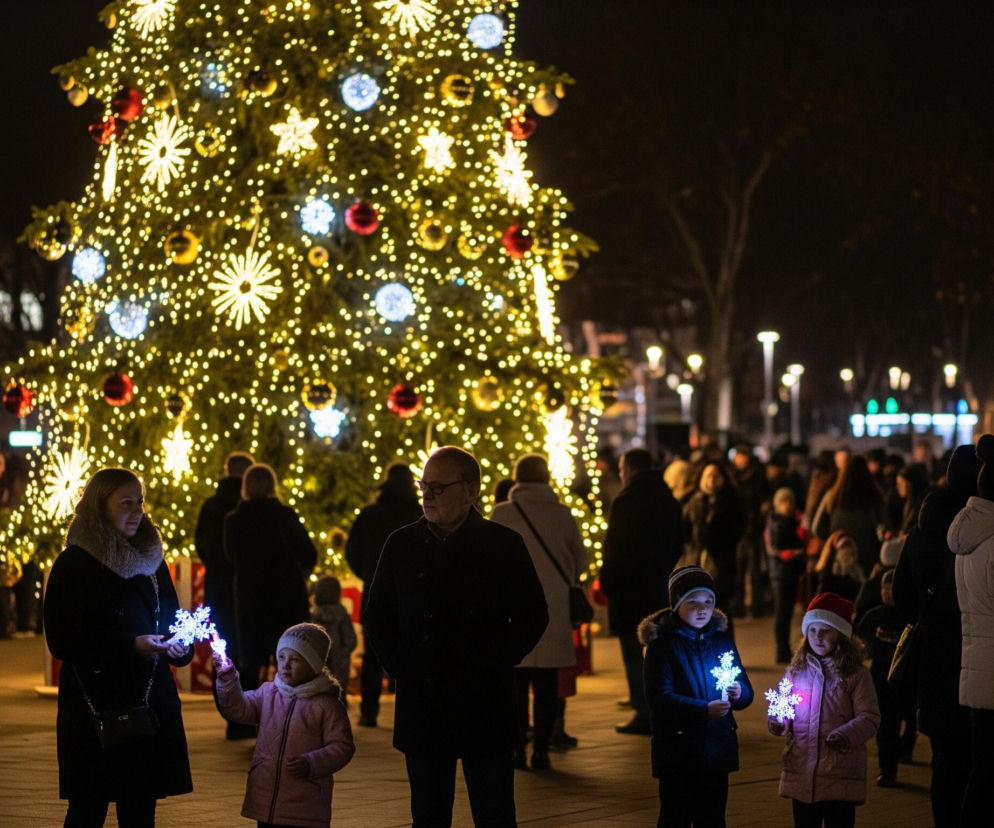 W centrum obrazu znajduje się duże, rozświetlone choinkowe drzewo bożonarodzeniowe, udekorowane niezliczonymi małymi, ciepłymi, żółtymi światłami oraz większymi ozdobami w kształcie gwiazd, płatków śniegu i bombek w kolorach czerwonym, złotym i srebrnym. Na pierwszym planie widać grupę ludzi, w tym dorosłych i dzieci, którzy spoglądają na drzewo. Troje dzieci i jedna kobieta trzymają w dłoniach świecące, plastikowe płatki śniegu w odcieniach białego, niebieskiego i różowego. Tłum ludzi wypełnia plac przed drzewem, a w tle majaczą budynki i inne uliczne światła, tworząc świąteczną, nocną atmosferę.