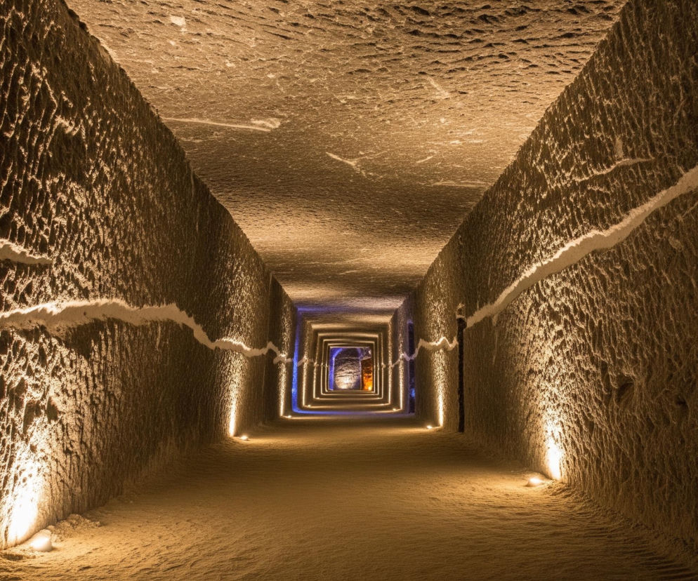 Wydrążony tunel rozciąga się w głąb obrazu, zwężając się perspektywicznie. Ściany i strop mają wyraźną, szorstką teksturę w odcieniach brązu i beżu, z białymi, nieregularnymi smugami biegnącymi poziomo. Na dole, po obu stronach tunelu, co jakiś czas rozmieszczone są pojedyncze, ciepłe, punktowe źródła światła, oświetlające ściany i piaskową posadzkę. Dalsza część tunelu, widoczna w tle, jest oświetlona niebieskawym światłem.