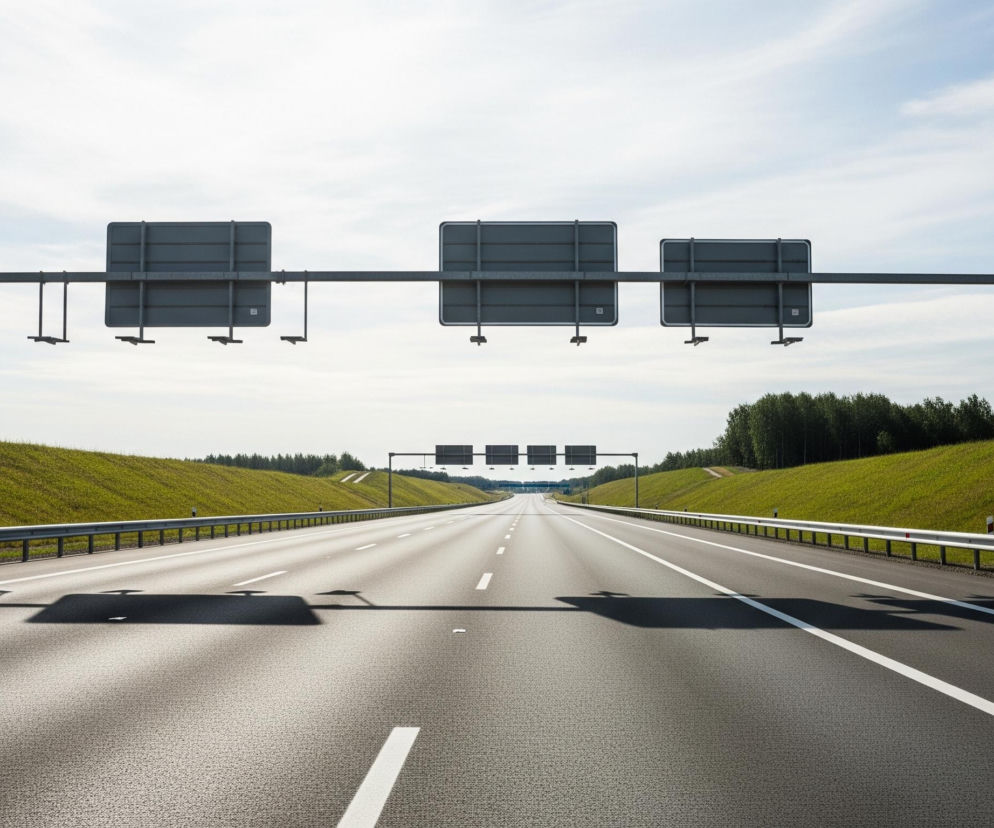 Długa, asfaltowa autostrada rozciąga się w centrum kadru, z wyraźnymi białymi liniami pasów ruchu. Nad nią, na metalowym słupie, zawieszonych jest sześć pustych, szarych znaków drogowych z zaokrąglonymi rogami, trzy większe na pierwszym planie i trzy mniejsze w oddali. Po obu stronach drogi widoczne są zielone, trawiaste nasypy, a za nimi, w oddali, pas ciemnozielonych drzew. Niebo jest jasne, błękitne z delikatnymi, białymi smugami chmur, a słońce rzuca długie cienie konstrukcji znaków na asfalt.