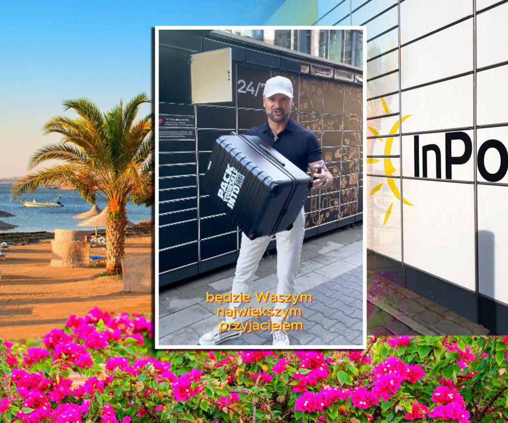 Walizka InPost Parcel Suitcase z odpinanymi kółkami na tle Paczkomatu, z tropikalną plażą i logo InPost w tle, co obrazuje rewolucję w podróżowaniu. Więcej informacji o wysyłce bagażu InPostem przeczytasz na Super Biznes.