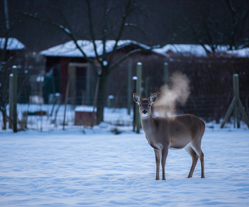Centralnie na pierwszym planie stoi szarobrązowa sarna zwrócona przodem do obserwatora, na tle pokrytego śniegiem krajobrazu. Z jej nozdrzy unosi się delikatna, biała mgiełka, widoczna w świetle. Za sarną rozciąga się zasypane śniegiem pole, a dalej w tle widać ciemne, rozmazane drzewa bez liści oraz kilka niewyraźnych zabudowań z czerwonymi ścianami i ośnieżonymi dachami.