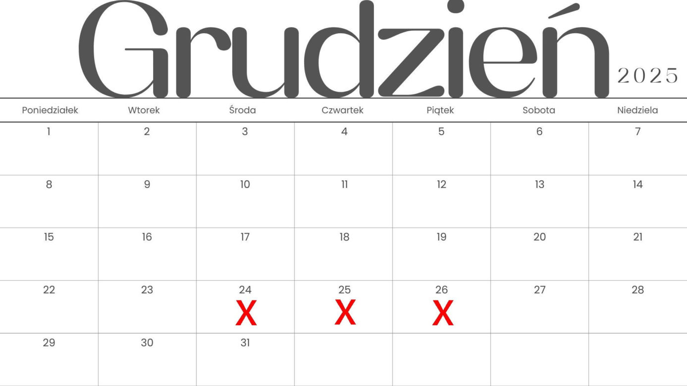Dni wolne w grudniu 2025