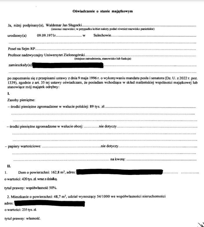 Fragment oświadczenia majątkowego