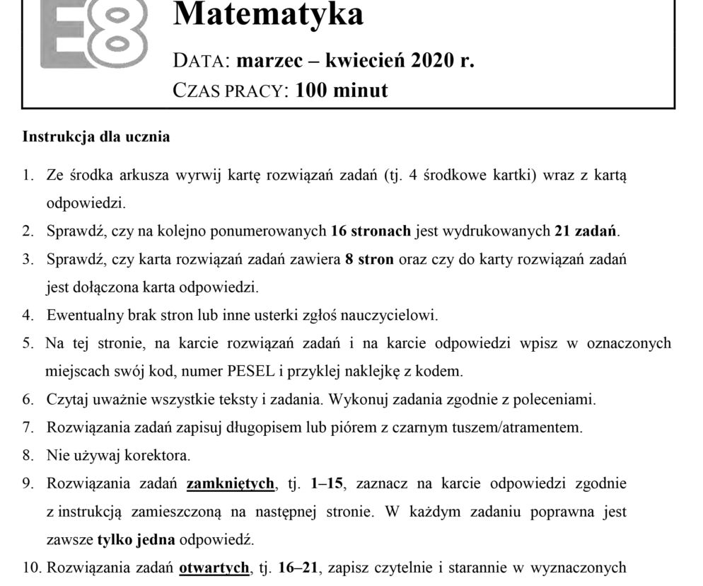 Egzamin ósmoklasisty 2020 matematyka