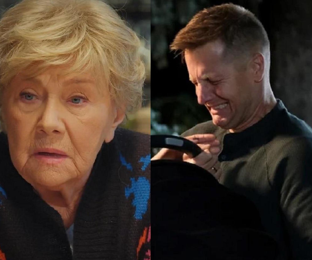 Kolaż dwóch zdjęć: z lewej Barbara Mostowiak (Teresa Lipowska), starsza kobieta z siwymi włosami, patrząca z zatroskaniem; z prawej Paweł Zduński (Rafał Mroczek) w czarnym swetrze, płaczący i zdesperowany po śmierci Franki. Możesz przeczytać więcej o ich losach w M jak miłość na Super Seriale.