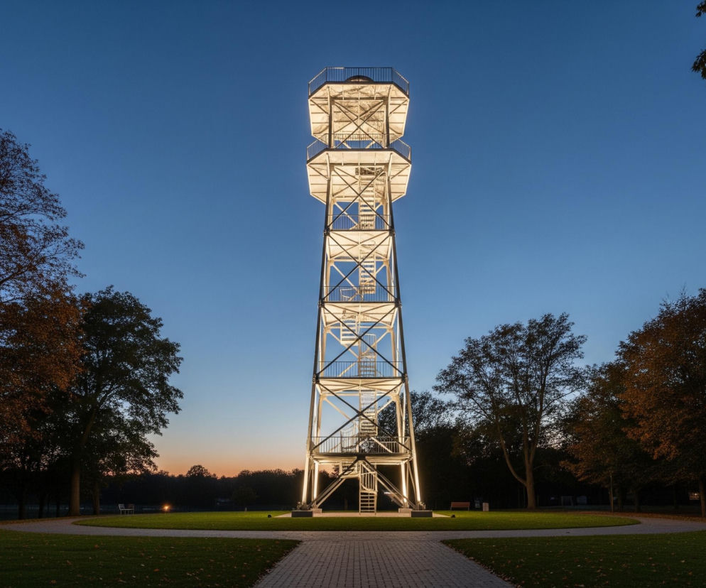 Centralnym punktem obrazu jest wysoka, wąska wieża widokowa o ażurowej konstrukcji, intensywnie oświetlona ciepłym, białym światłem. Składa się z kilku pięter, z krętymi schodami prowadzącymi na szczyt, otoczonymi metalowymi balustradami. Wieża stoi na trawiastym terenie, wokół którego biegną wybrukowane ścieżki, z fragmentami liści rozrzuconymi na trawie i ścieżkach, wskazującymi na jesień. Tło stanowi granatowo-niebieskie niebo o zmierzchu, z cieplejszymi, pomarańczowymi odcieniami nisko nad horyzontem, gdzie widoczne są zarysy drzew i odległe światła.