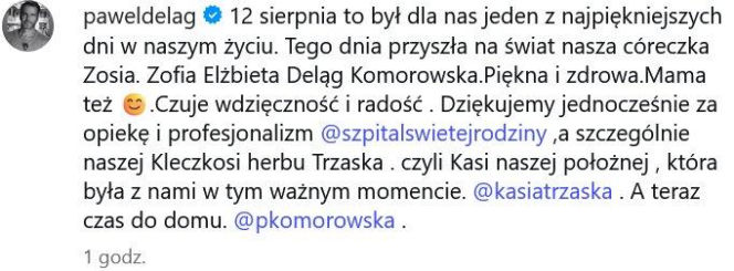 Ukochana Pawła Deląga urodziła! Dziewczynka dostała piękne imię