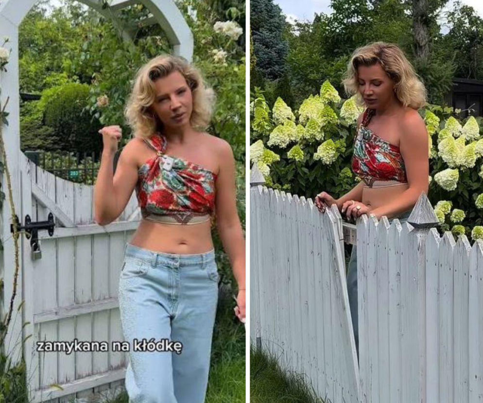 Influencerka SuperStyler przy białym płocie i uszkodzonej furtce. O sporze z marką odzieżową przeczytasz na SE.