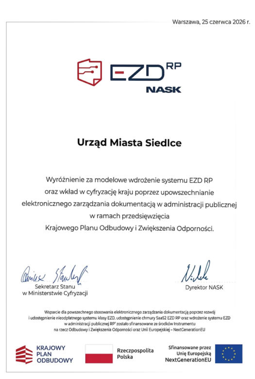 Miasto Siedlce wśród pięciu samorządów w kraju wyróżnionych nagrodą przez Ministerstwo Cyfryzacji oraz Naukową i Akademicką Sieć Komputerową