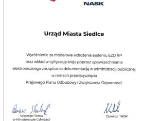 Miasto Siedlce wśród pięciu samorządów w kraju wyróżnionych nagrodą przez Ministerstwo Cyfryzacji oraz Naukową i Akademicką Sieć Komputerową