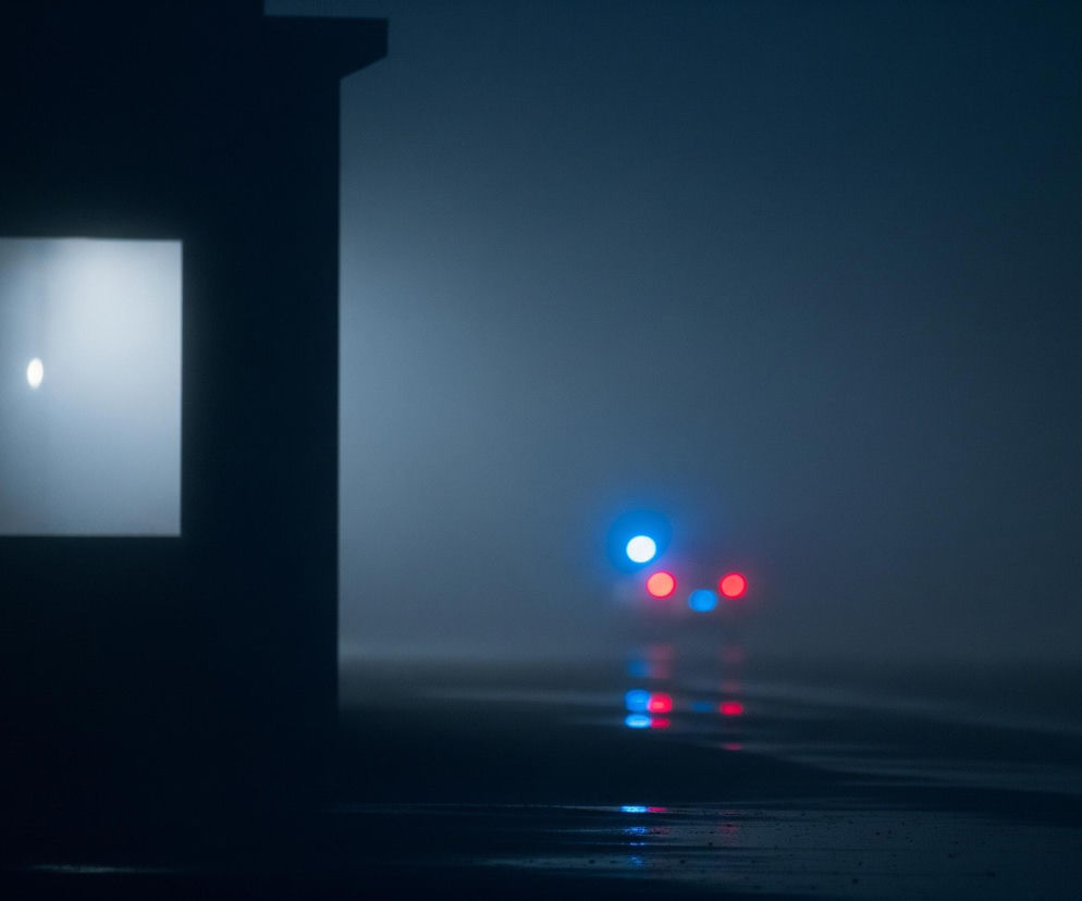 Ciemna bryła budynku zajmuje lewą stronę kadru, z jedynym oświetlonym oknem, z którego emanuje biała poświata. Na mokrej nawierzchni ulicy, widocznej w dolnej części obrazu, odbijają się intensywne światła: cztery jaskrawe, rozmyte punkty – dwa niebieskie i dwa czerwone – oraz ich wyraźniejsze odbicia na wilgotnej drodze. Tło stanowi mglisty, granatowy krajobraz, w którym majaczą słabe, rozmyte światła w oddali.