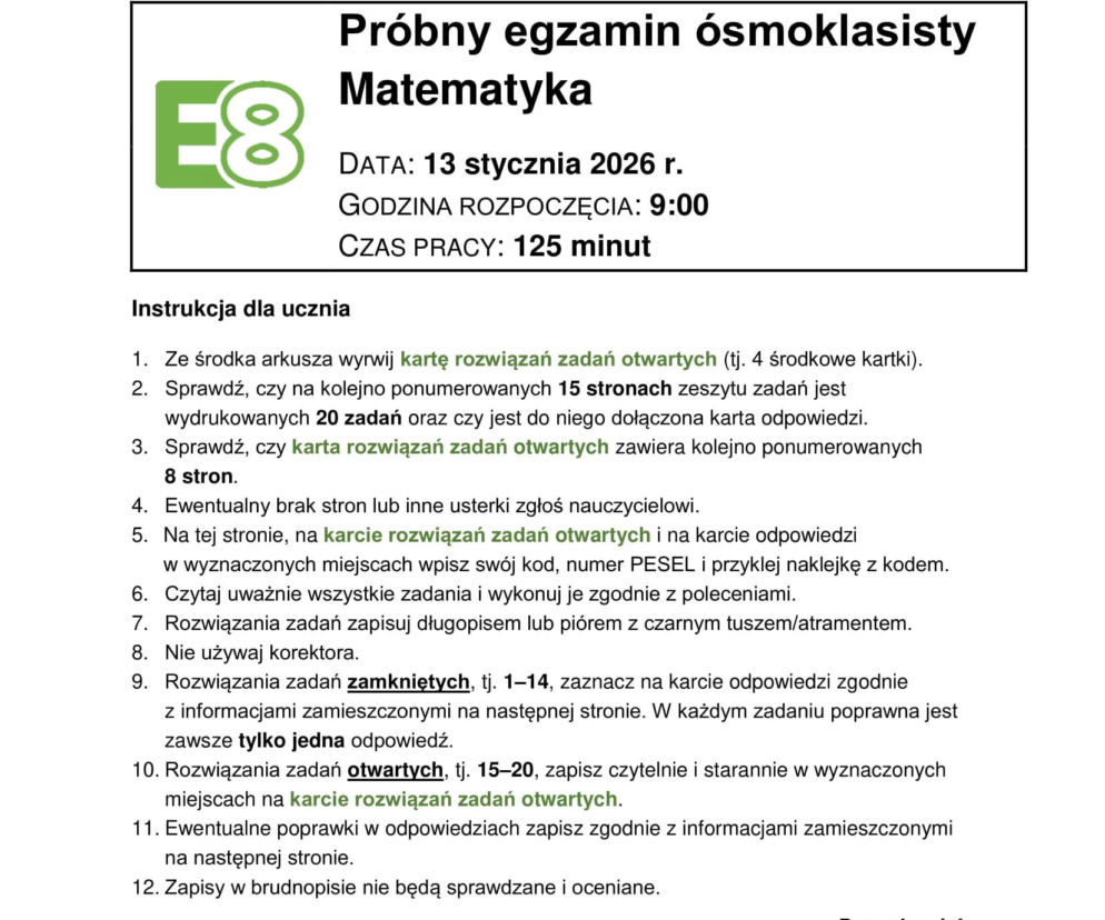 Próbny egzamin ósmoklasisty 2026 CKE: matematyka - wszystkie odpowiedzi do arkusza CKE 13.01.2026