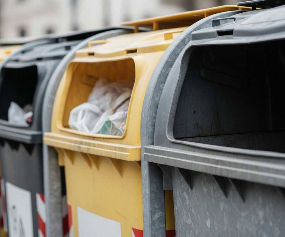 Rząd pojemników na śmieci ustawionych wzdłuż niewyraźnego tła. Najbliżej widza znajduje się pojemnik w kolorze ciemnoszarym z dużym, pustym otworem wrzutowym na górze. Obok niego stoi żółty pojemnik, również z otwartym wrzutem, w którym widać białe i przezroczyste worki z odpadami. Dalej, w tle, widoczne są kolejne pojemniki, naprzemiennie ciemnoszare i żółte, a po lewej stronie kadru fragment zielonego pojemnika, wszystkie z widocznym brudem i przetarciami na powierzchni.