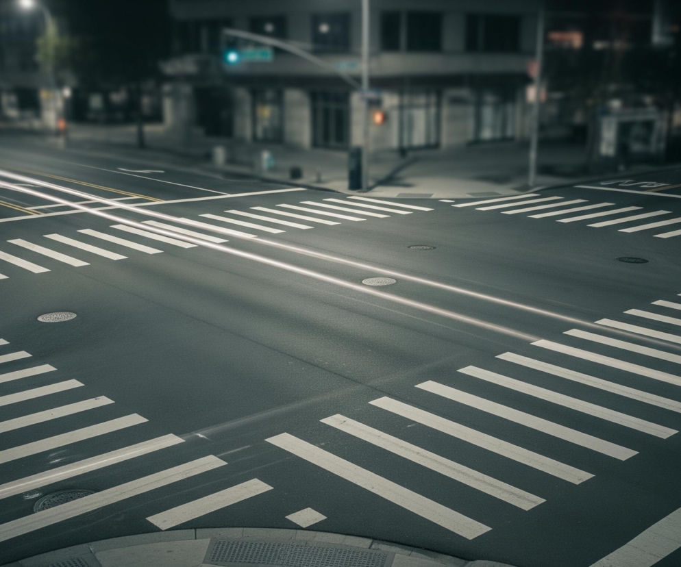 Szerokie skrzyżowanie uliczne w nocy, z ostrym pierwszym planem i rozmytym tłem. Czarne pasy asfaltu przecinają się pod kątem prostym, tworząc wyraźny wzór czterech białych pasów dla pieszych, które tworzą kwadratową ramkę. Na środku skrzyżowania widoczne są dwie białe, świetliste smugi, prawdopodobnie od świateł pojazdów w ruchu, biegnące poziomo przez obraz. Po lewej stronie widać sygnalizację świetlną dla pieszych, wskazującą kolor czerwony, oraz sygnalizację dla pojazdów. W oddali, rozmyte budynki i inne światła uliczne dodają miejskiego kontekstu.
