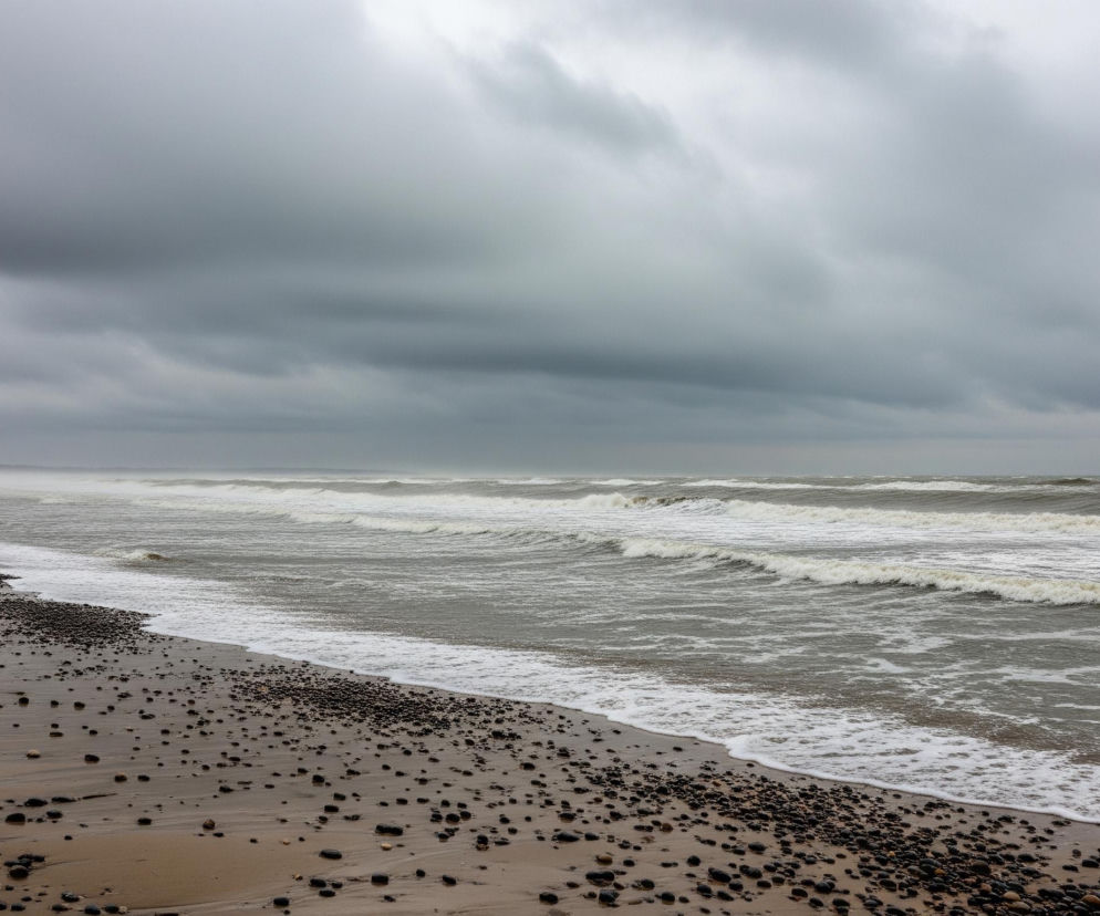 Piaszczysta plaża z ciemnymi kamieniami na pierwszym planie rozciąga się wzdłuż lewej krawędzi obrazu, znikając w oddali w mglistej perspektywie. Szare, wzburzone morze z białymi grzywami fal uderza o brzeg, tworząc linię białej piany. Horyzont jest niewyraźny i zlewa się z ciężkimi, szarymi chmurami, które dominują w górnej części kadru.