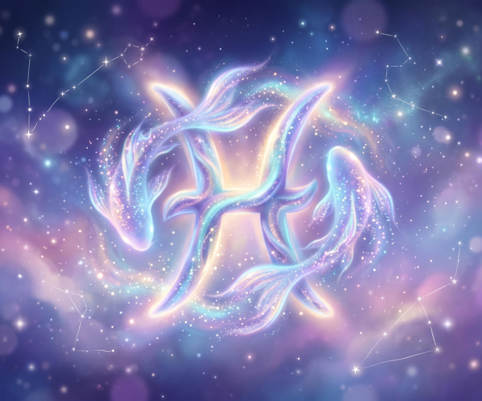 Świecący symbol znaku zodiaku Ryby na tle gwieździstego nieba. O horoskopie dla Ryb przeczytasz w serwisie Eska.