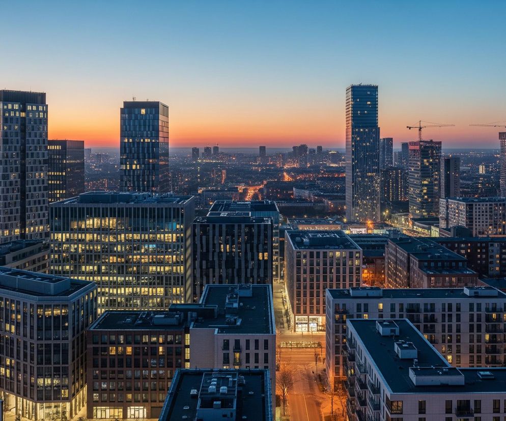Panorama miejska o zmierzchu, ukazująca gęstą zabudowę wysokich budynków i drapaczy chmur. Horyzont dominuje pomarańczowo-różowy pas zachodzącego słońca, przechodzący w błękitne niebo na górze kadru. Wiele okien w budynkach jest oświetlonych, tworząc mozaikę jasnych punktów na tle ciemniejących fasad. W oddali widoczne są mniejsze światła miejskie, a na prawo od centrum stoją dwa niedokończone wieżowce z żurawiami budowlanymi.
