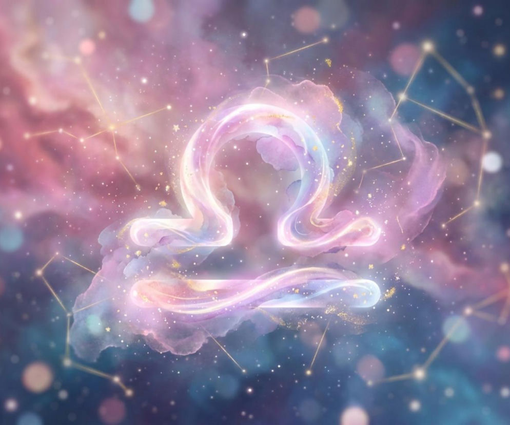 Świecący symbol zodiakalnej Wagi na tle różowo-niebieskiego kosmosu. O horoskopie dla Wagi przeczytasz na Eska.