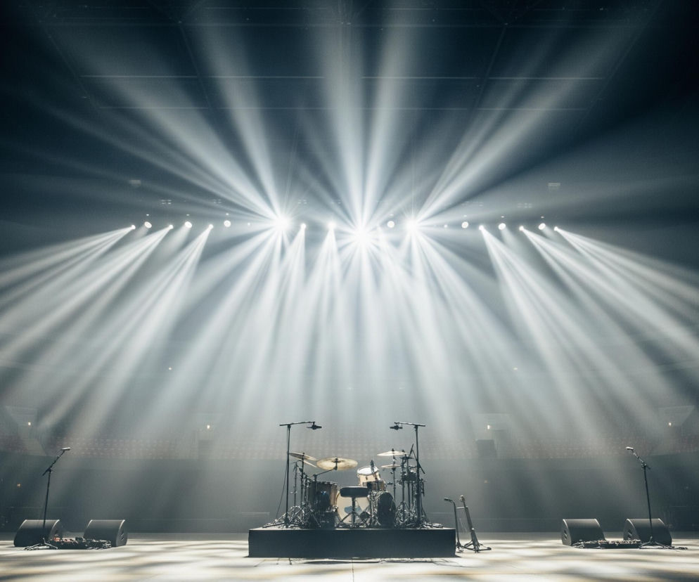 Centralnie na scenie znajduje się zestaw perkusyjny ustawiony na podwyższeniu, otoczony statywami mikrofonowymi i monitorami scenicznymi. Z tyłu rozciąga się ciemna widownia z rzędami pustych czerwonych siedzeń, a nad sceną widać liczne reflektory emitujące intensywne, stożkowe wiązki światła, które przecinają zadymione powietrze. Cała scena jest jasno oświetlona tymi białymi snopami światła, tworzącymi dynamiczne cienie na podłodze.