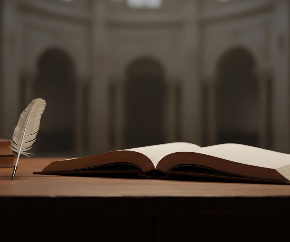 Na drewnianym, brązowym stole leżą otwarty gruby zeszyt lub książka z jasnymi stronami, oraz stos dwóch brązowych książek w twardych oprawach. Obok stosu książek, po lewej stronie obrazu, stoi pióro w kolorze kości słoniowej z ostrym, metalowym zakończeniem. Tło jest rozmyte, ukazując kontury architektonicznych łuków i okien w stonowanej, beżowo-szarej tonacji. Całość oświetlona jest miękkim światłem, tworzącym nastrojową atmosferę.