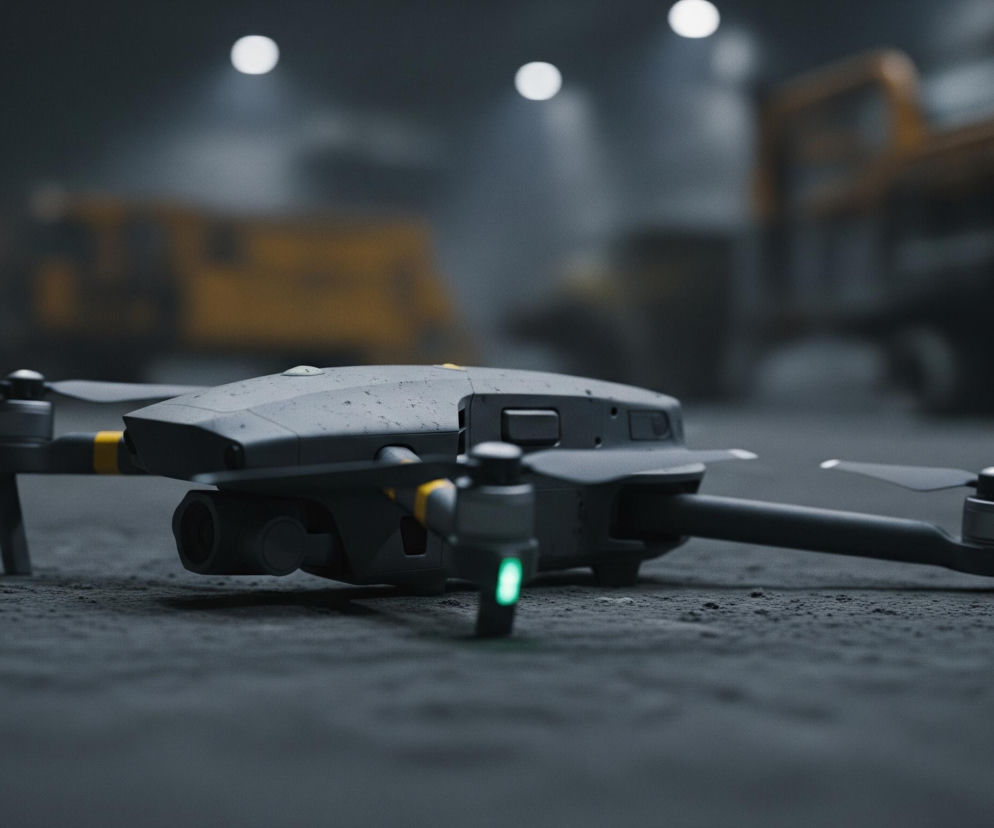 Na pierwszym planie leży na szarej, piaszczystej powierzchni ciemnoszary dron, wyposażony w cztery śmigła i kamerę umieszczoną z przodu. Elementy drona mają żółte akcenty, a jego nogi emitują zielone światło. Tło jest rozmyte, ale widać tam zarys ciężkich maszyn budowlanych w odcieniach żółci oraz jasne, okrągłe światła sufitowe.