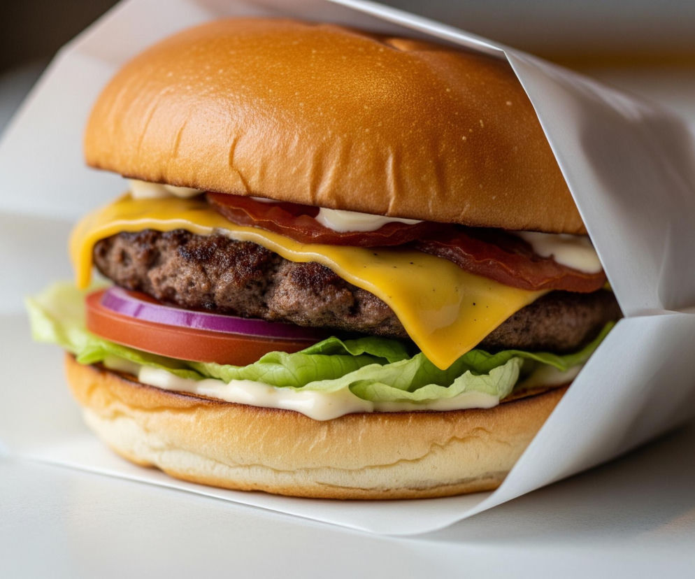 Na pierwszym planie widoczny jest gotowy hamburger w papierowej opasce, umieszczony na białej powierzchni. Pomiędzy dwoma połowami lekko przypieczonej bułki brioche znajdują się kolejno od dołu: kremowy sos majonezowy, faliste liście zielonej sałaty, gruby plaster czerwonej cebuli, okrągły plaster pomidora, brązowy kotlet wołowy, na którym spływa stopiony, żółty ser chedar, a nad nim kilka kawałków brązowego, chrupiącego boczku i kolejna warstwa sosu. Jasna papierowa opaska zakrywa boki kanapki, a tło jest rozmyte, zdominowane przez szaro-brązowe i białe odcienie.