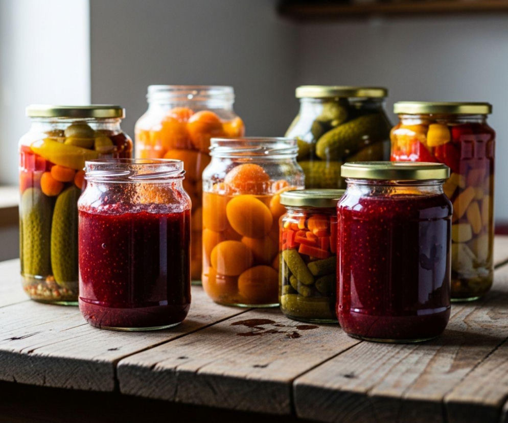 Słoiki z przetworami ekologicznymi, w tym dżemem truskawkowym, marynowanymi ogórkami i brzoskwiniami, ułożone na drewnianym stole. Zdjęcie ilustruje temat dotacji na przetwórstwo ekologiczne dostępne na Super Biznes.