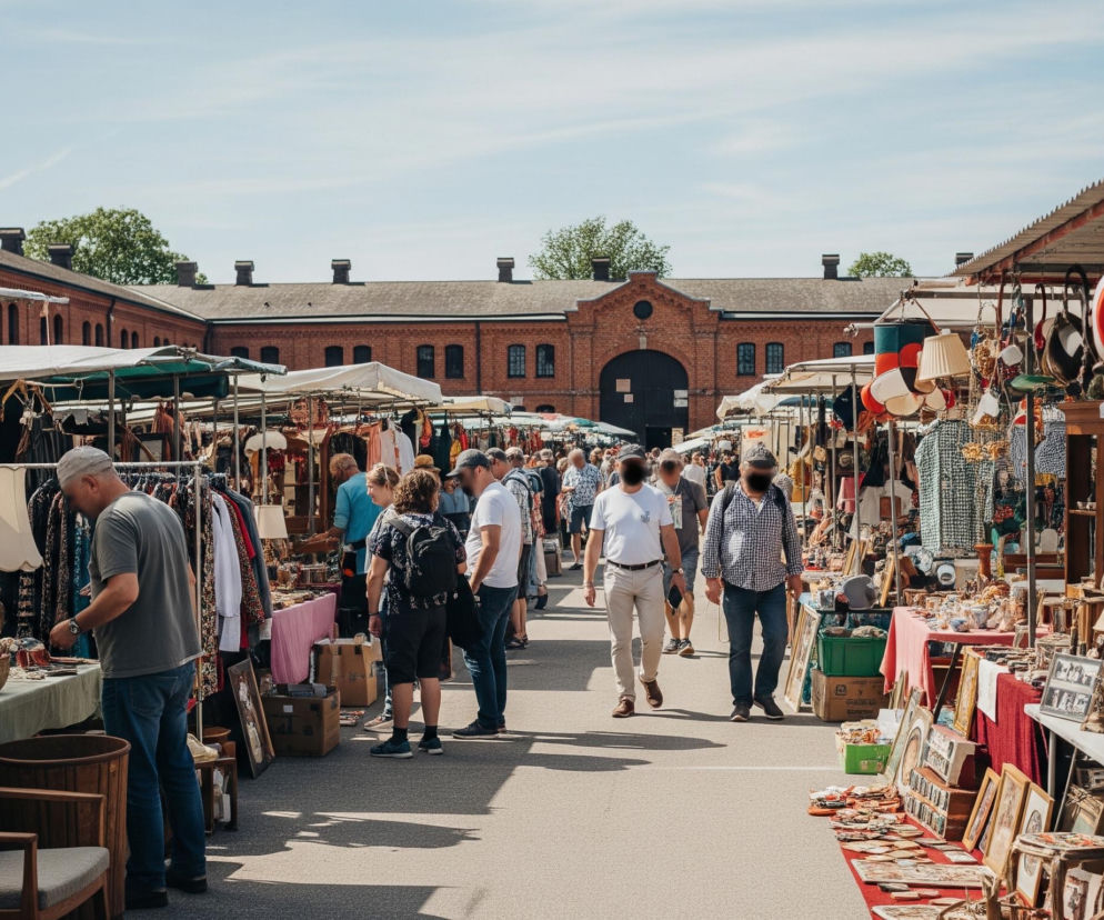 Uliczny rynek tętni życiem, z licznymi ludźmi spacerującymi między stoiskami. Po obu stronach szerokiej ulicy rozstawione są stragany pod białymi i niebieskimi zadaszeniami, oferujące różnorodne towary, w tym ubrania na wieszakach, lampy z abażurami i inne antyki. W tle widać duży, ceglany budynek z wieloma oknami i łukowatym przejściem pośrodku. Niebo jest błękitne z delikatnymi chmurami, a słońce rzuca długie cienie na bruk.