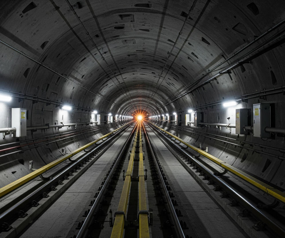 Długi, betonowy tunel metra rozciąga się w głąb obrazu, z czterema równoległymi torami, na których leżą dwie szyny kolejowe, oraz żółtymi, podłużnymi elementami biegnącymi wzdłuż torów. Na ścianach tunelu, po obu stronach, rozmieszczone są prostokątne lampy, które emitują białe światło, oświetlające szary, surowy beton. W oddali, na końcu tunelu, jaskrawo pomarańczowe światło rozświetla ciemność, tworząc złudzenie nieskończonej perspektywy.